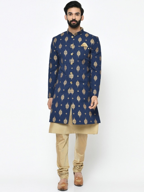 KISAH Men Navy Blue & Gold-Colored Self-Design Sherwani Set