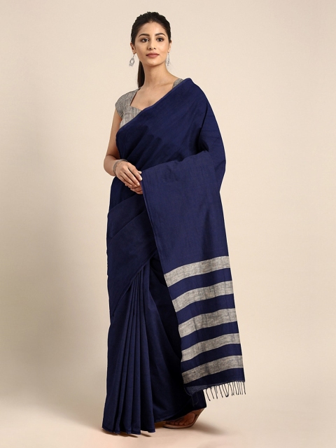 Mitera Navy Blue Pure Cotton Solid Taant Saree