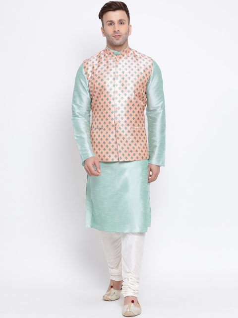 NAMASKAR Men Green & White Self Design Kurta with Churidar & Nehru Jacket