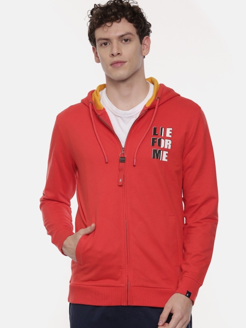 Breakbounce Men Red Solid Hooded Sweatshirt