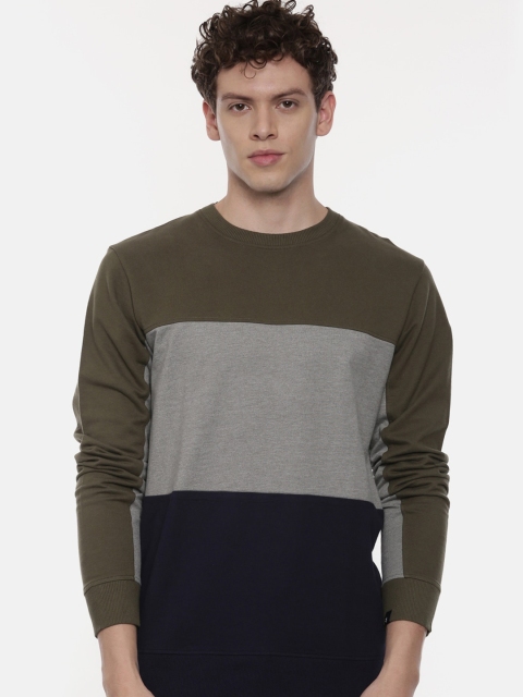 Breakbounce Men Olive Green & Grey Colourblocked Sweatshirt