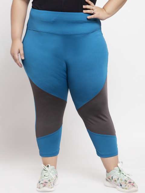 plusS Women Blue & Grey Colourblocked Capris