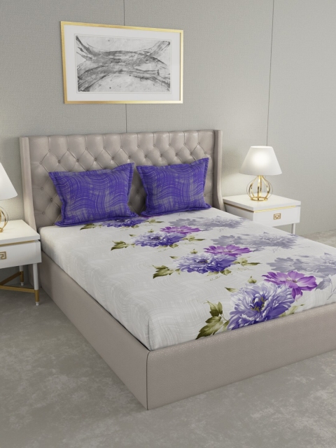Raymond Home Grey & Purple Floral-Print 104 TC Bedsheet With 2 Pillow Covers