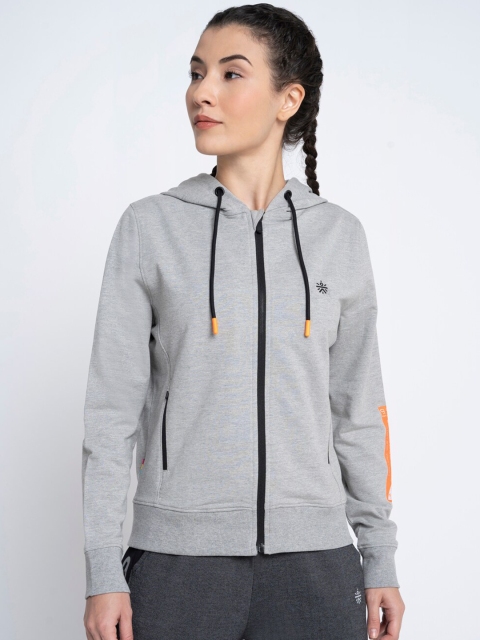 Cultsport Women Grey Solid Hooded Sweatshirt