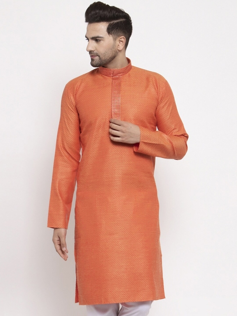 Jompers Men Orange Woven Design Straight Kurta