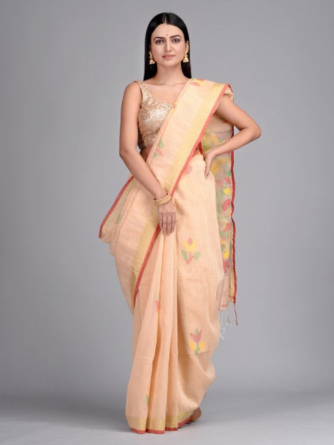 Mitera Peach-Coloured Silk Blend Woven Design Taant Saree