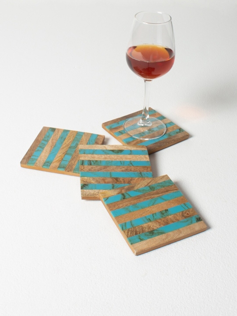 CASA DECOR Set Of 4 Beige & Green Striped Sustainable Wooden Coasters