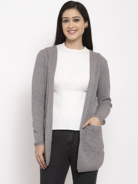 Global Republic Women Grey Solid Hooded Open Front Winter Shrug