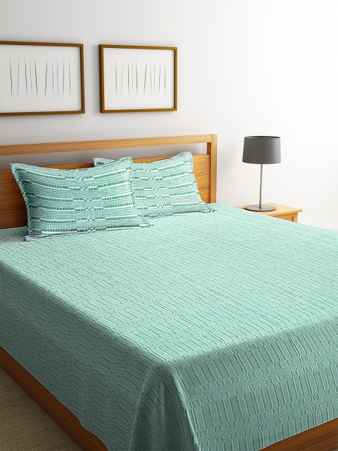 KLOTTHE Green Woven Design Double Bed Cover With 2 Pillow Covers
