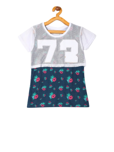 Cherokee Girls White & Teal Blue Printed Top