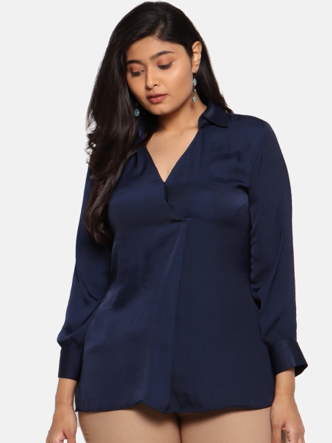 The Pink Moon Women Navy Blue Solid Shirt Style Top