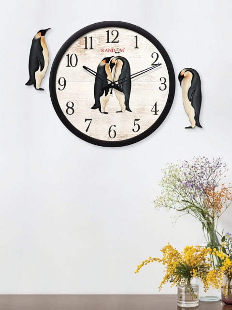 RANDOM Black & White Penguin Print Analogue Wall Clock With 2 Penguin Shaped Plaques