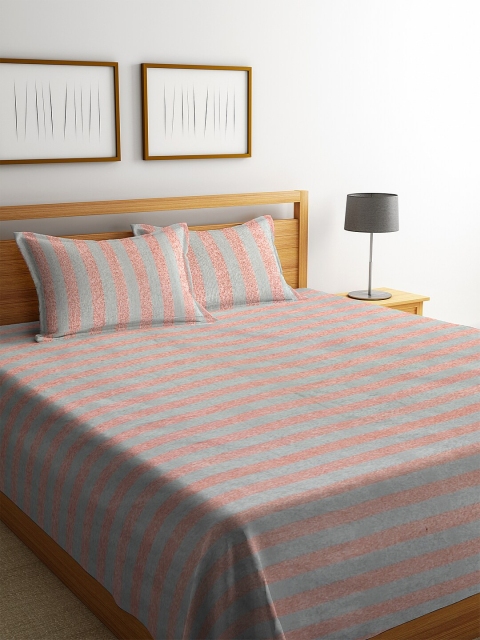 KLOTTHE Grey Striped King Bedcover With 2 Pillow Covers