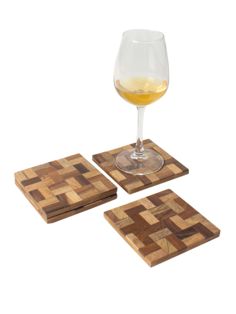 CASA DECOR Set of 4 Brown Wooden Square Sustainable Coasters