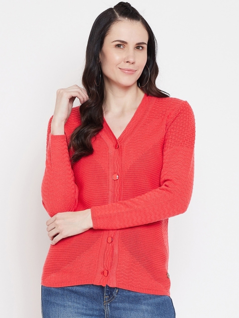 NEVA Women Coral Pink Knitted Woolen Cardigan