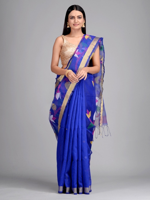 Mitera Blue & Gold-Coloured Silk Blend Woven Design Taant Saree