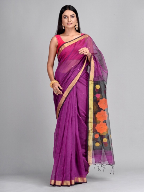 Mitera Purple & Gold-Coloured Cotton Blend Handloom Woven Design Taant Saree