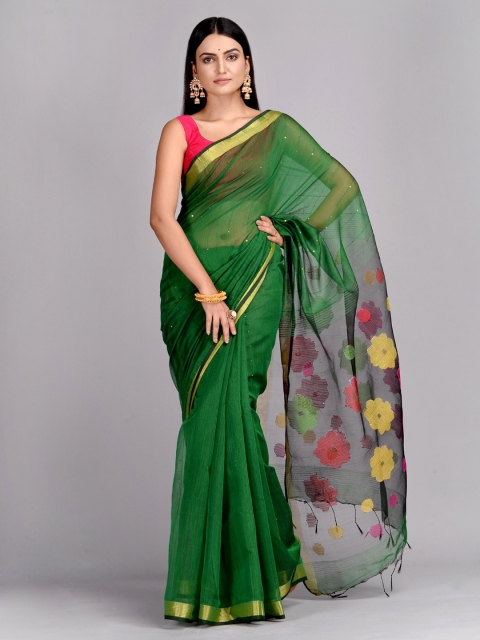 Mitera Green Cotton Blend Woven Design Handloom Taant Saree