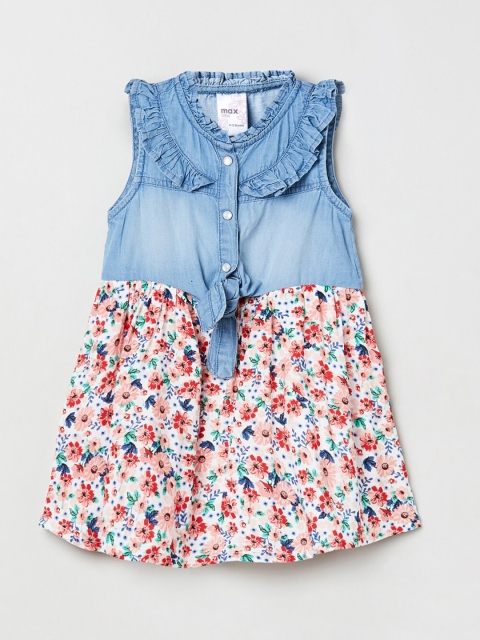 max Girls Cream-Coloured & Blue Printed Fit and Flare Dress