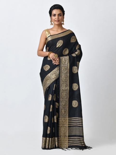 RANGOLI Black & Gold-Toned Art Silk Woven Design Tussar Saree