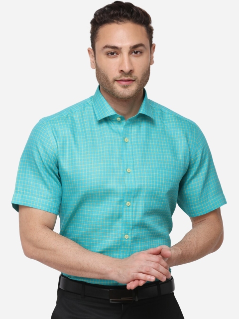 JADE BLUE Men Sea Green & Yellow Regular Fit Checked Formal Shirt
