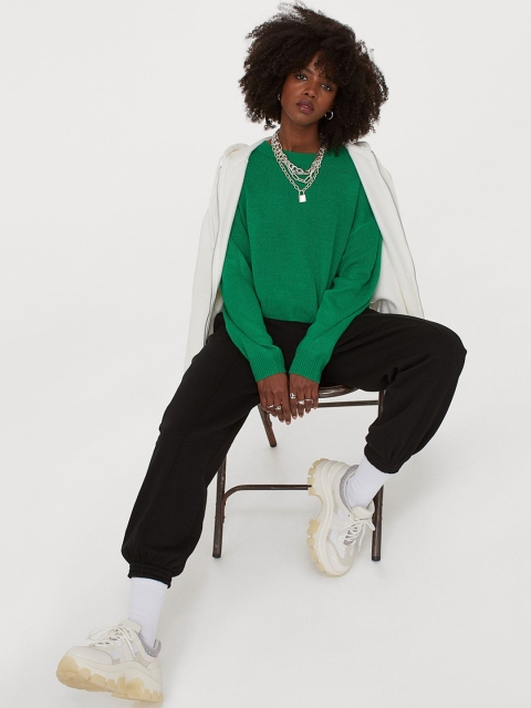 H&M Women Acrylic Green Solid Knitted Jumper