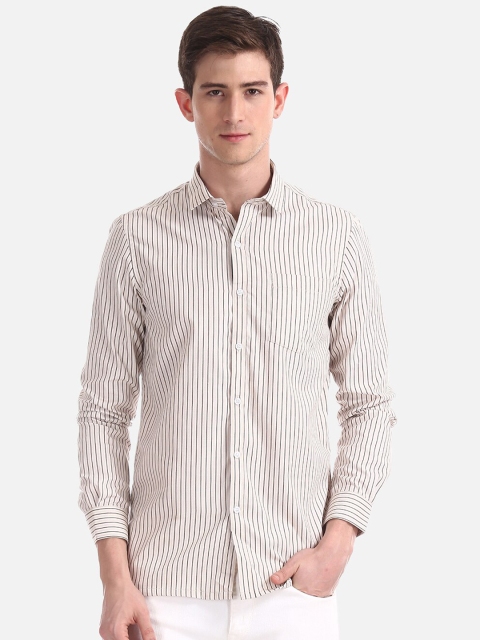 Excalibur Men Cream-Coloured & Black Regular Fit Striped Casual Shirt