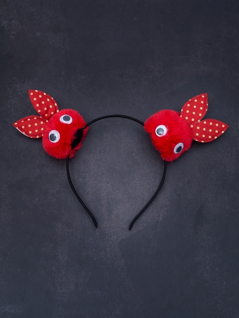 Golden Peacock Women Black & Red Solid Pom Pom Fluffy Faux Fur Rabbit Ear Hairband