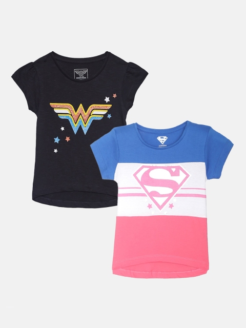 Kids Ville Justice League Printed Pack Of 2 Tshirt for Girls, Black