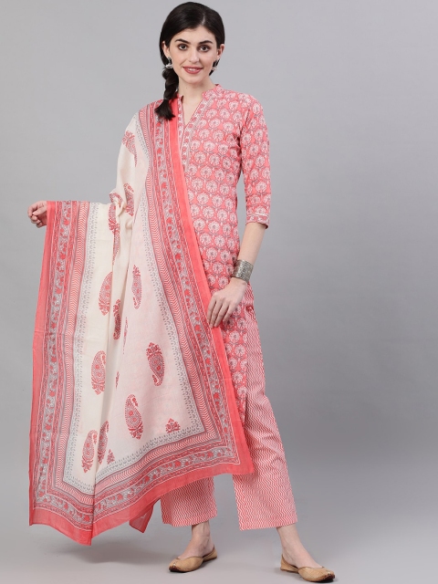 AASI - HOUSE OF NAYO Women Pink & White Printed Kurta with Trousers & Dupatta