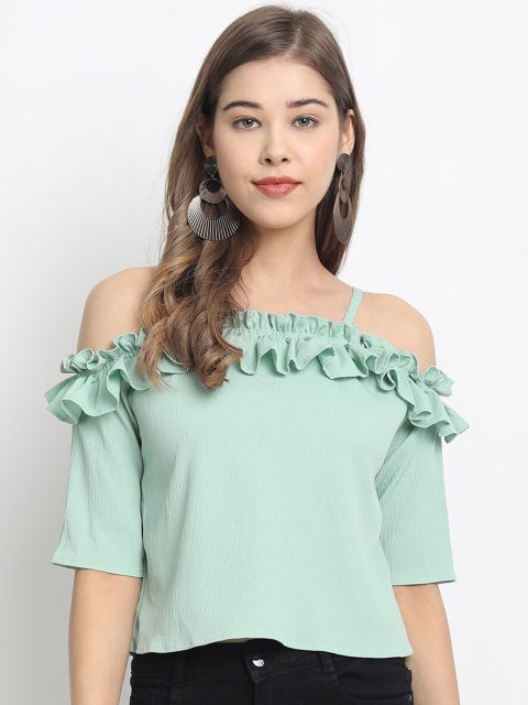 Clothzy Women Turquoise Blue Solid Bardot Top