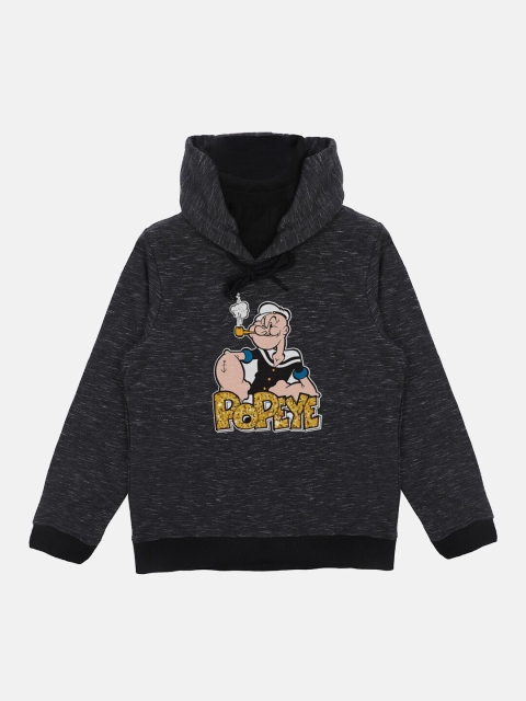 Popeye Boys Black Yellow Printed Hooded Sweatshirt With Attached Face Covering