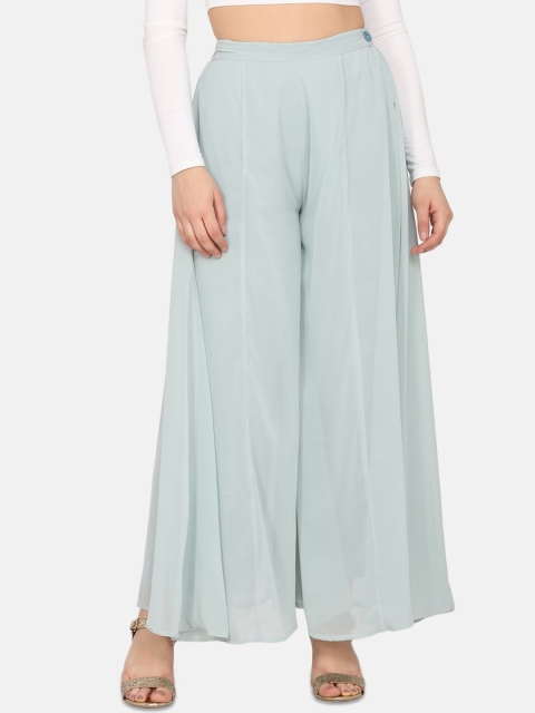 Ojjasvi Women Turquoise Blue Solid Flared Palazzos, Multi