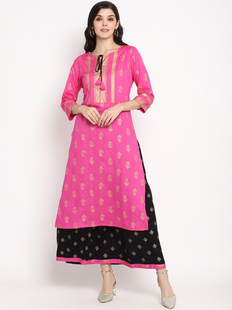 Prakhya Women Pink & Black Printed Kurta with Skirt