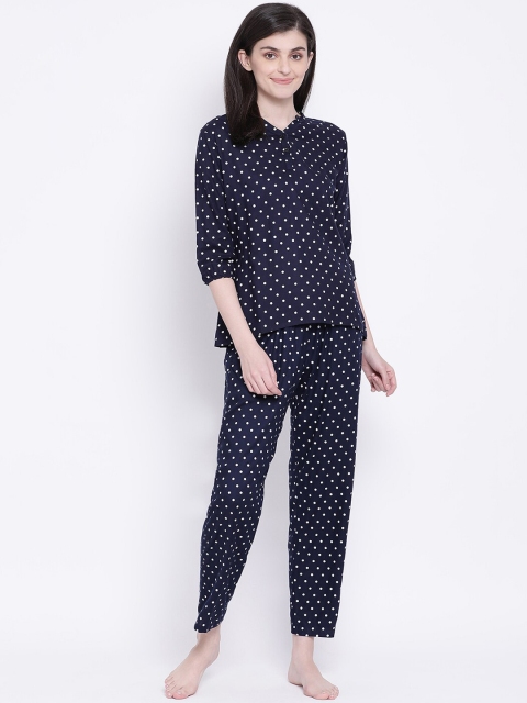 Clovia Women Navy Blue Polka Dots Printed Night Suit