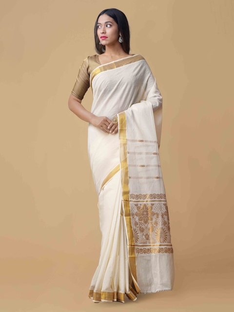 Unnati Silks Cream-Coloured Pure Cotton Solid Kasavu Saree