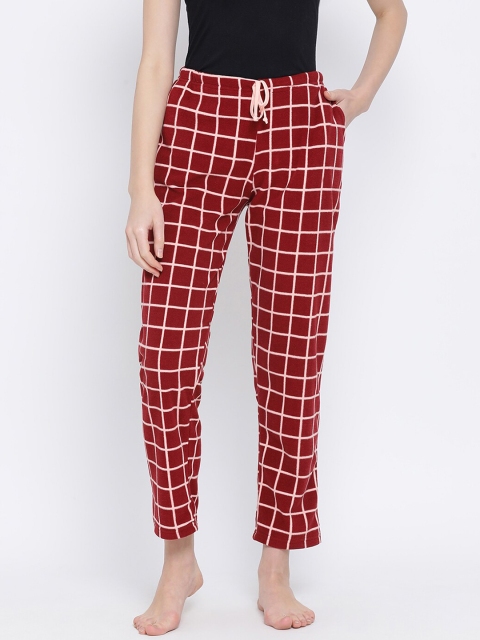 Kanvin Women Maroon & Peach-Coloured Checked Lounge Pants
