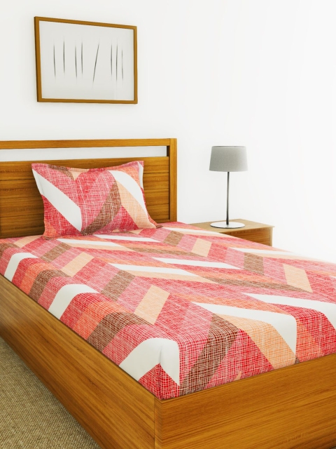 BIANCA Pink & White Printed 110 TC Cotton Single Bedsheet With 1 Pillow Covers