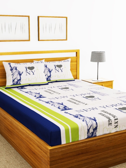 BIANCA White & Navy Blue Typography 144 TC Cotton 1 Queen Bedsheet with 2 Pillow Covers