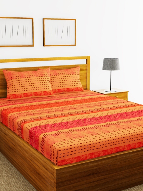 BIANCA Orange Geometric 180 TC Cotton 1 King Bedsheet with 2 Pillow Covers
