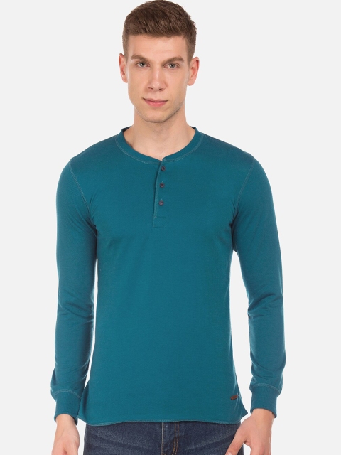 Cherokee Men Teal Solid Henley Neck T-shirt