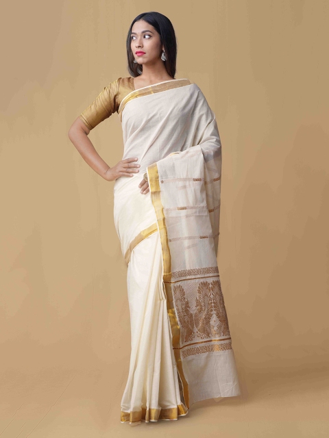 Unnati Silks Cream-Coloured Pure Cotton Woven Design Kasavu Saree