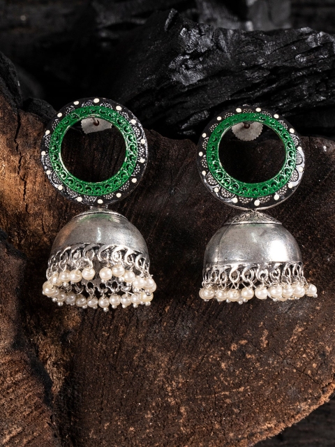 Shoshaa Silver-Toned & Green Dome Shaped Jhumkas