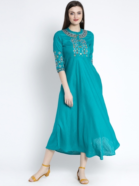 ANAISA Women Teal Green Embroidered A-Line Ethnic Dress