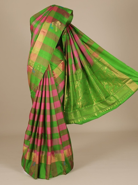 Pothys Pink & Green Pure Silk Checked Saree