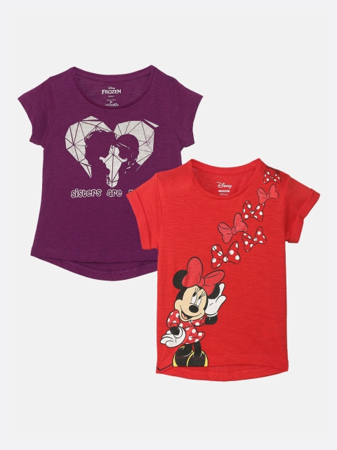 Kids Ville Girls Red Pack of 2 Printed Round Neck T-shirt