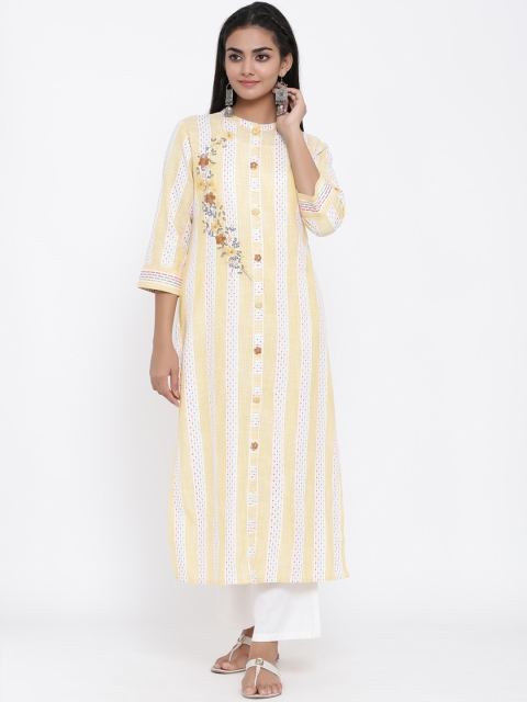 PIROH Women Yellow Striped A-Line Kurta