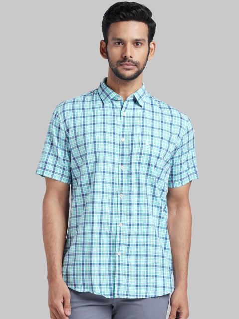 Parx Men Green & Navy Blue Slim Fit Checked Casual Shirt