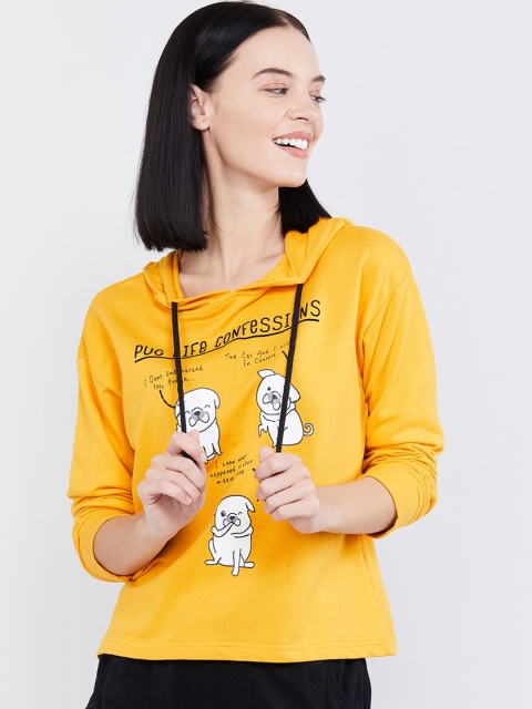 max Women Yellow Printed Hooded Sweatshirt