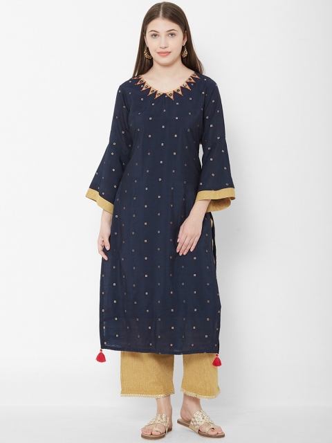Os Women Navy Blue & Beige Printed Kurta with Trousers